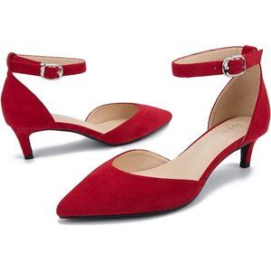 Enelauge Women's Red Pointed Toe Pumps Low Kitten Heel Ankle Strap sz 9.5 *NEW*